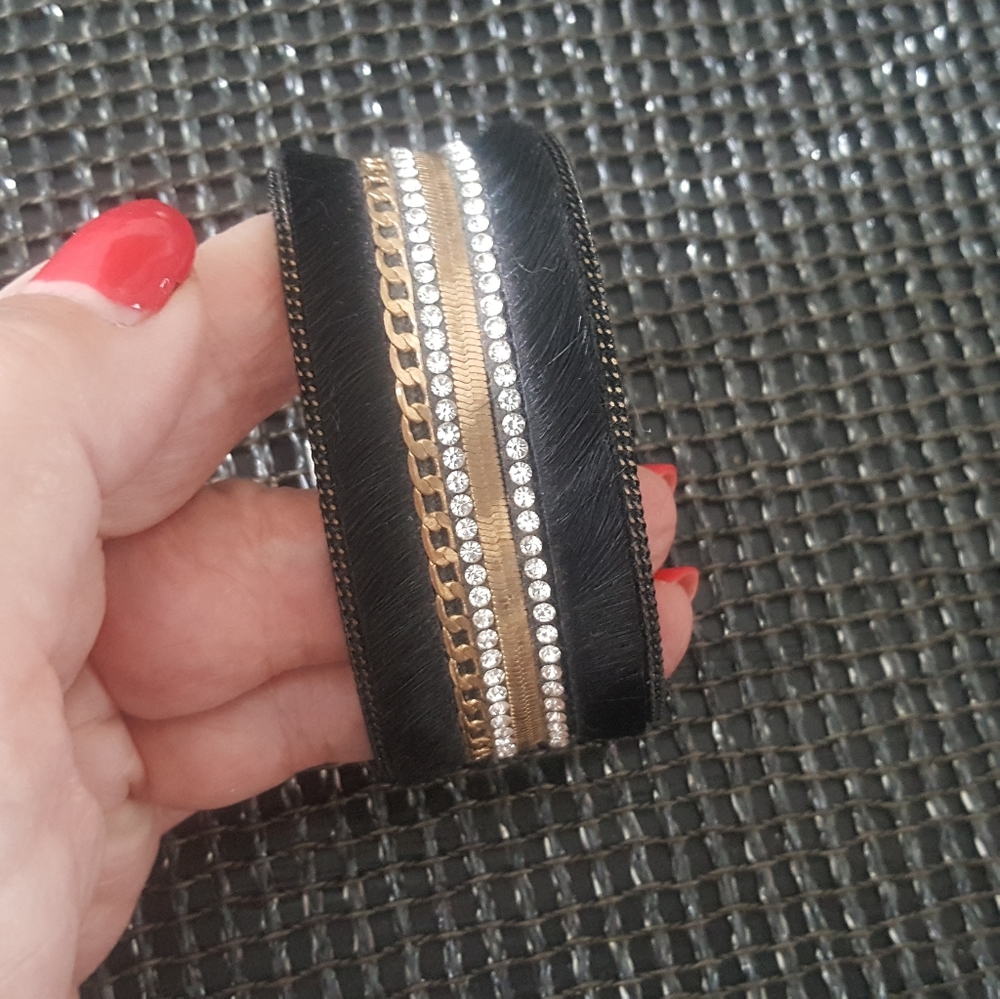 Black Calf Hair Gold Bling Cuff Bracelet